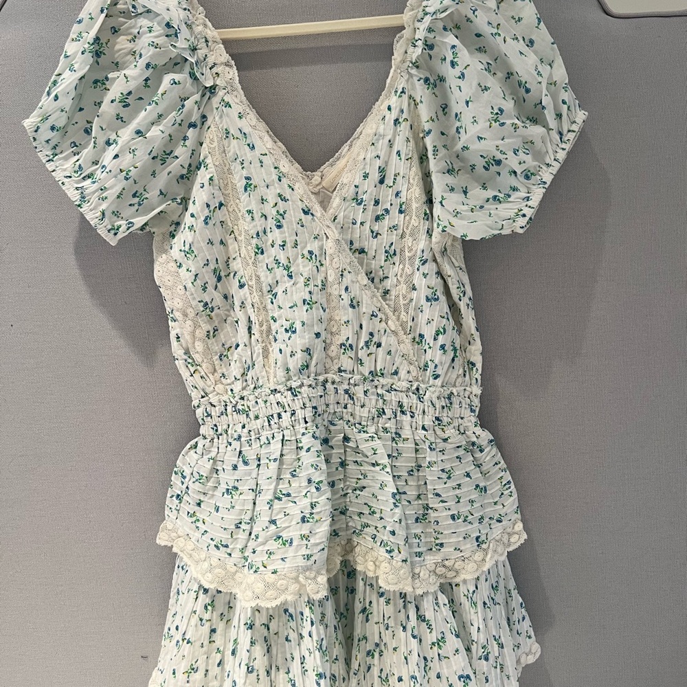 LoveShackFancy Floral Mini Dress in White and Green